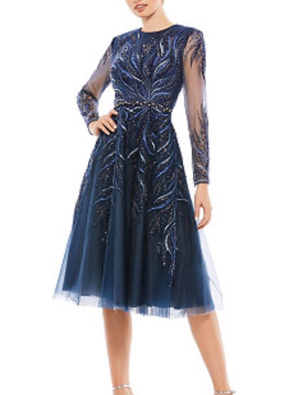 Mac Duggal Navy Beaded Tulle Midi Dress
